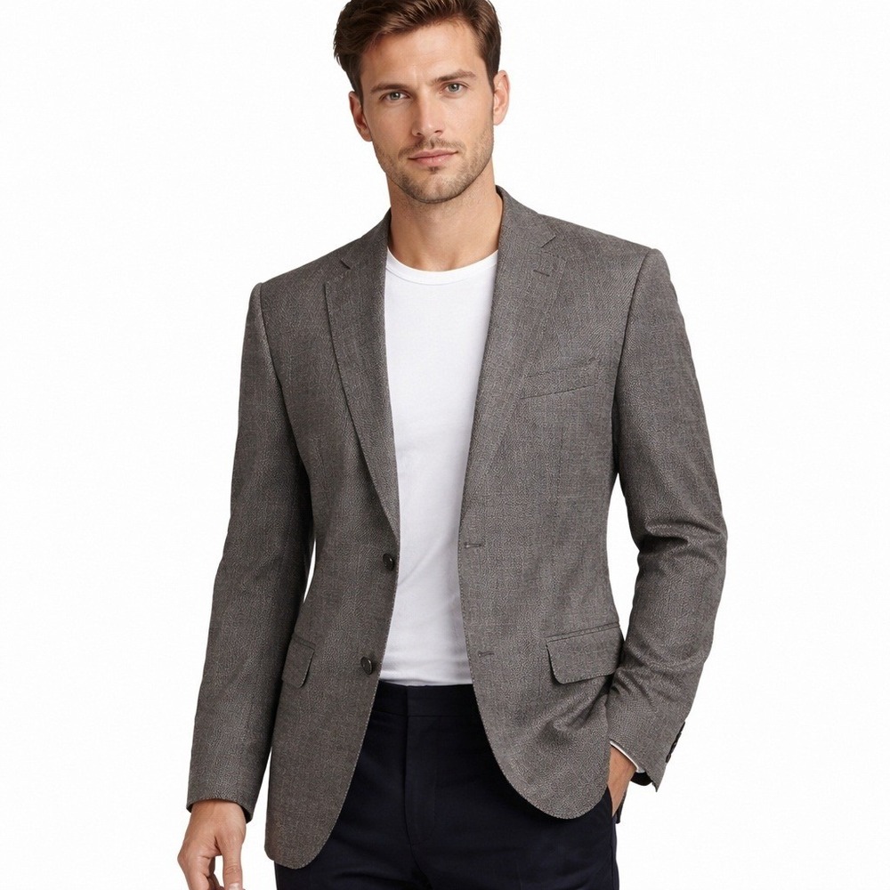 ZARA Lanerossi Wool Men Blazer Brown Herringbone Tweed Wool Blend Elbow Patch 42